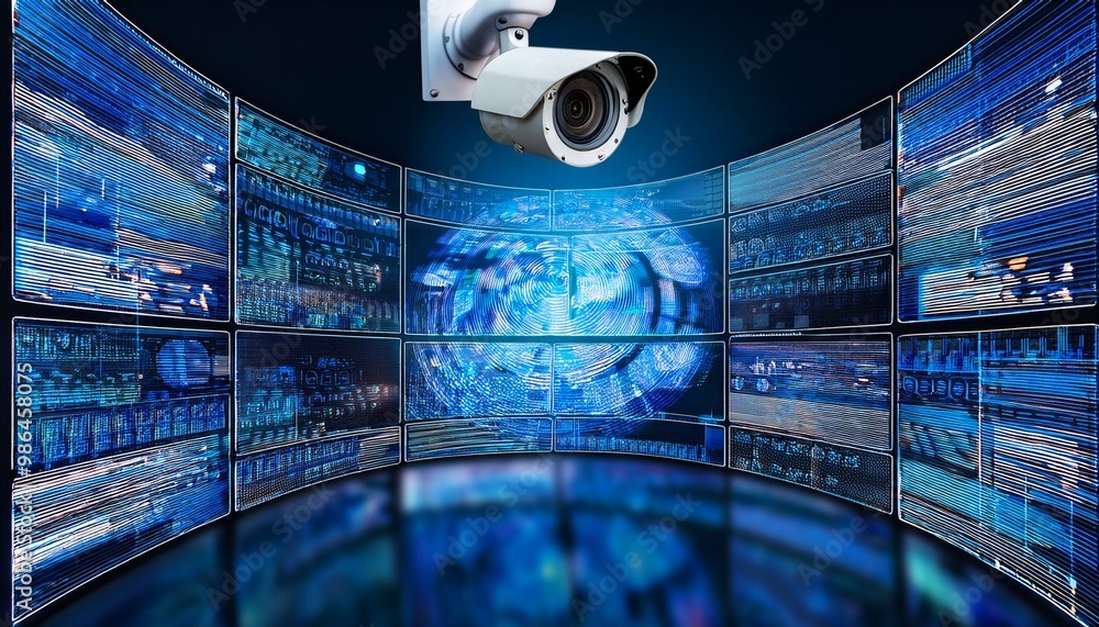 Poster a security camera pointed towards a wall of digital screens with an abstract blue and white pattern.
