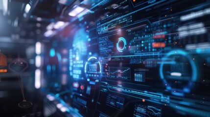 Fototapeta premium High-tech digital interface featuring a holographic display with neon blue elements, showcasing futuristic technology and advanced data visualization.