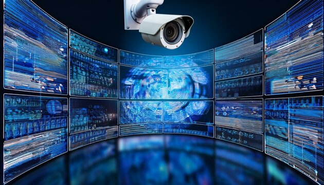 A security camera pointed towards a wall of digital screens with an abstract blue and white pattern.