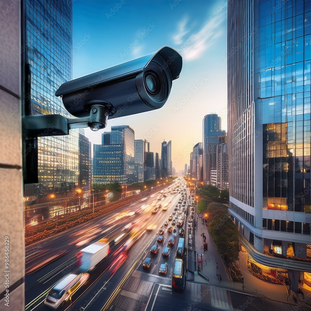 Poster a security camera mounted on a building overlooking a busy city street with traffic in the backgroun