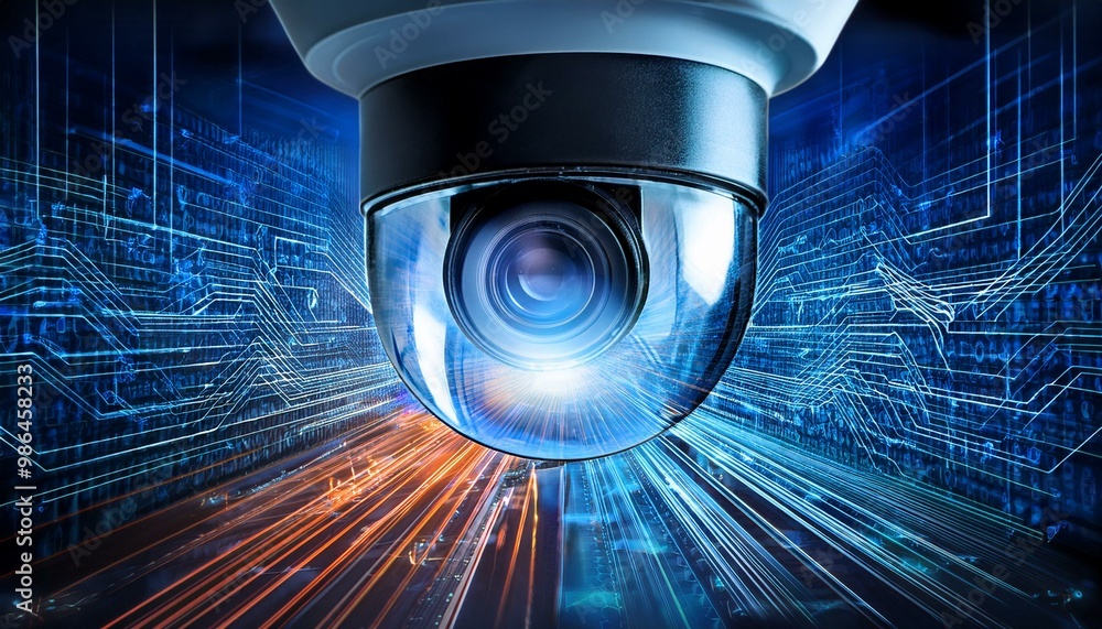 Poster a security camera lens captures a futuristic digital background with glowing lines and data.