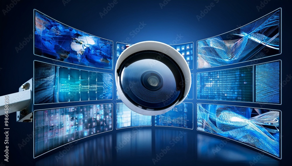 Poster a security camera pointed towards a wall of digital screens with an abstract blue and white pattern.