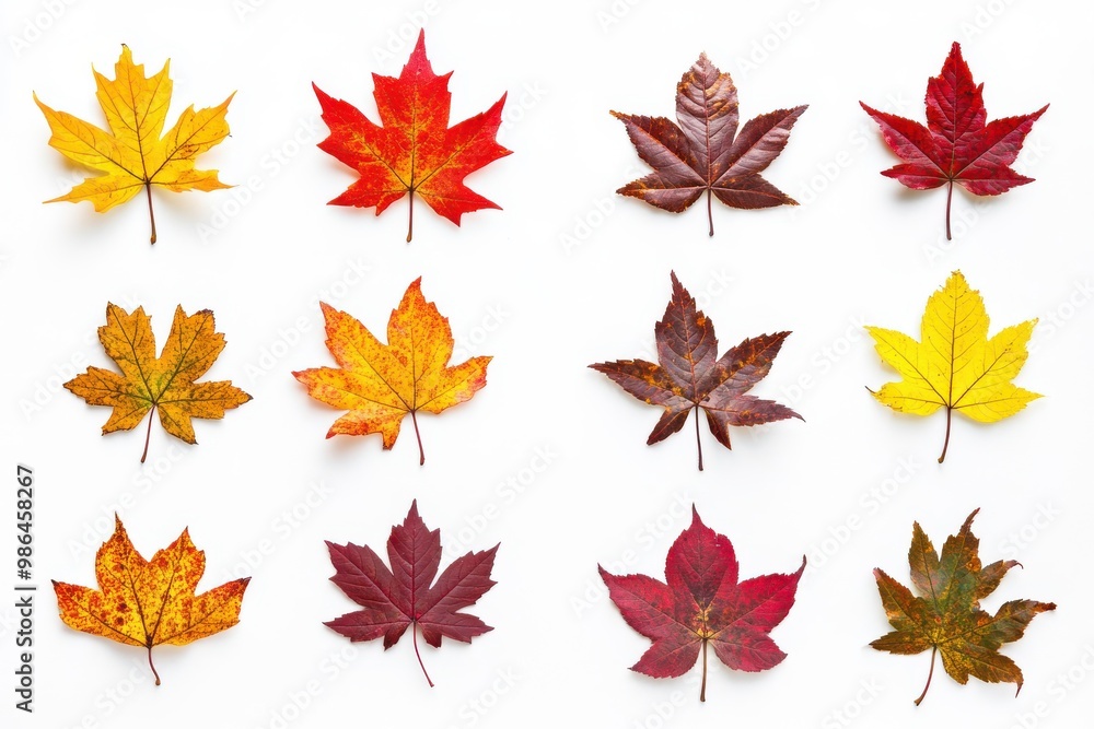 Poster a display of colorful fall maple leaves positioned on a clean white surface