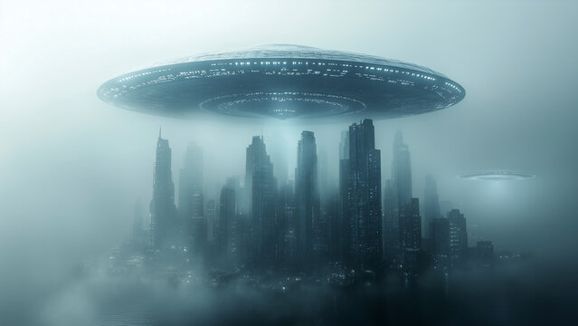 Two UFOs soaring over the misty city at night