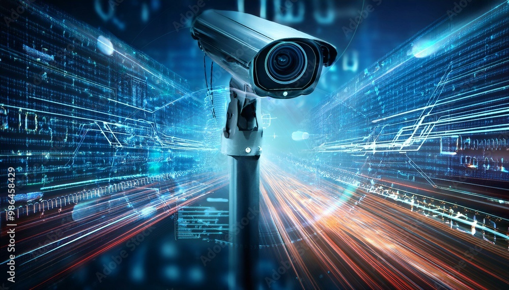 Poster a security camera lens captures a futuristic digital background with glowing lines and data.