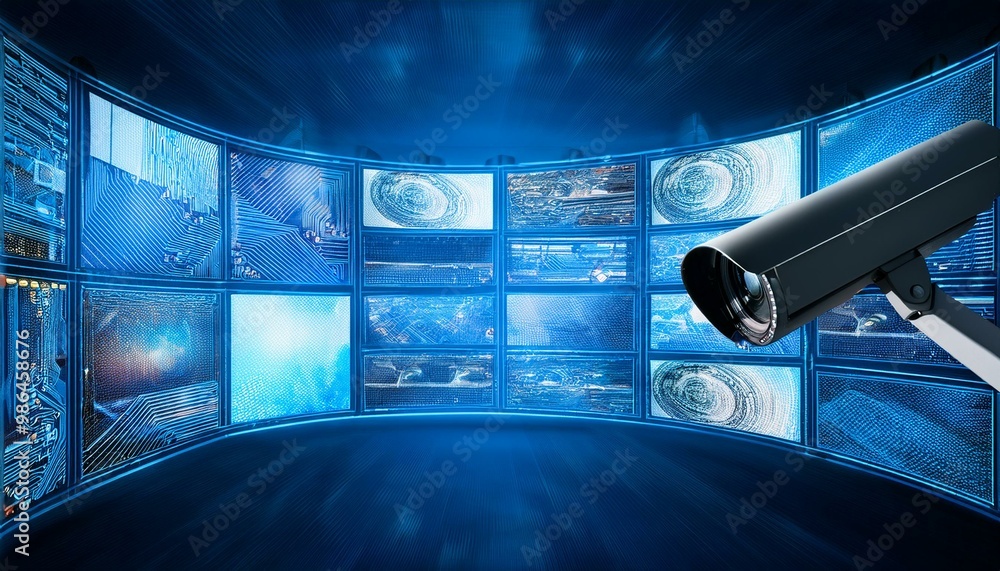 Poster a security camera pointed towards a wall of digital screens with an abstract blue and white pattern.