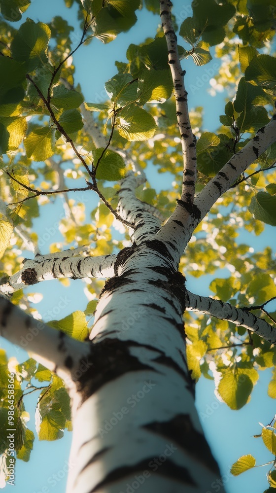 Poster sunlight streams through the birch trees canopy illuminating its vibrant leaves