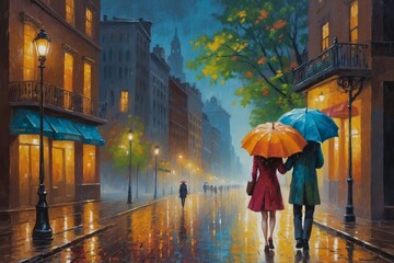 Romantic couple walking with umbrella in the rainy day, urban city street painting, seasonal autumn nature weather theme concept.
