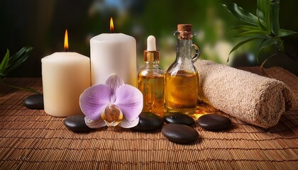 A serene spa setting with candles, orchid flowers, stones, and oil. Perfect for relaxation and tranquility.