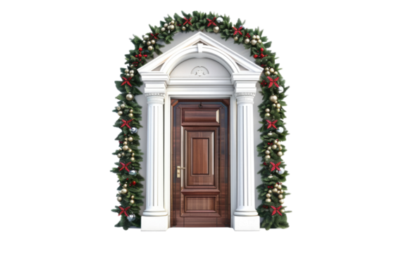 Beautiful winter arch with door, decorated with garlands and Christmas wreath flat style isolated on transparent background. Decorative design element, holiday and snow