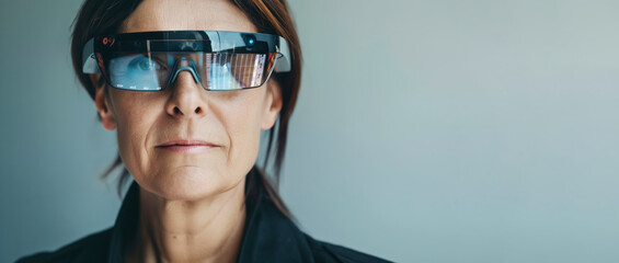 Middle aged woman wearing smart augmented reality glasses, some data and chart visible on lenses. Banner copy space on side. Generative AI