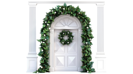 Beautiful winter arch with door, decorated with garlands and Christmas wreath flat style isolated on transparent background. Decorative design element, holiday and snow