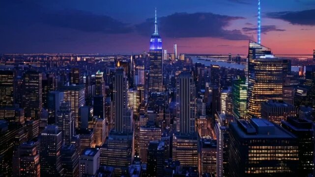 Dessus l&eacute;gers de toit de Manhattan de nuit de laps de temps c&eacute;l&egrave;bre des b&acirc;timents 4k New York Etats-Unis