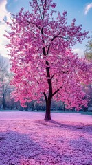 Obraz premium A majestic cherry blossom tree towers its pink petals covering the ground for spring