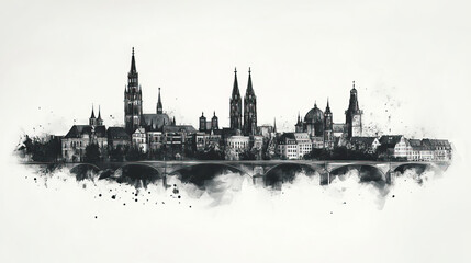 Naklejka premium Aachen, Germany, black and white pen pencil hand-drawn effect drawing illustration for travel poster, card, wallpaper, backdrop or banner. Modern, clear, artistic and simple