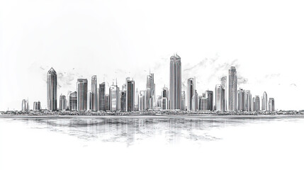 Abu Dhabi, UAE, black and white pen pencil hand-drawn effect drawing illustration for travel poster, card, wallpaper, backdrop or banner. Modern, clear, artistic and simple