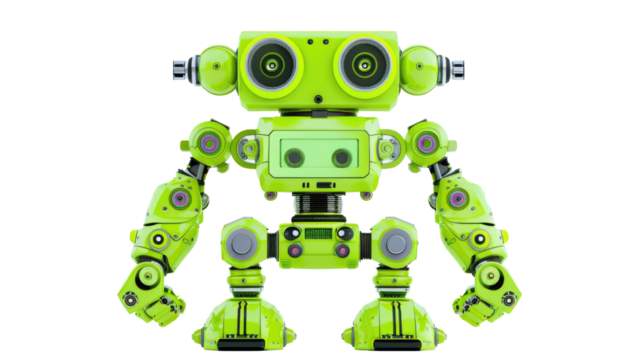 Funny green robot on transparent