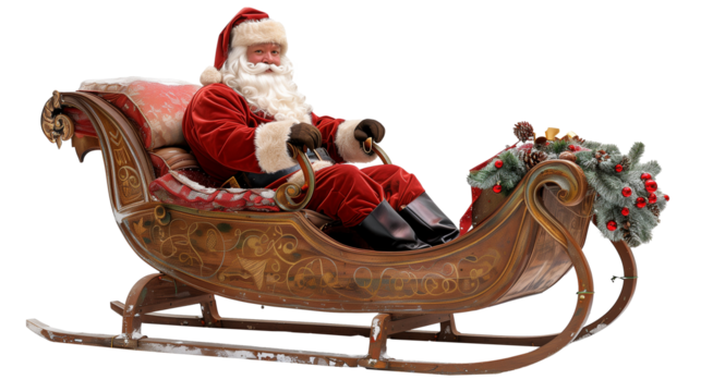 Santa Claus with sleigh isolated on transparent background