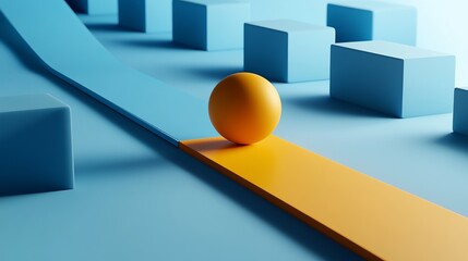 Abstract Image of Yellow Ball on Geometric Path with Blue Shapes, Minimalist Design, Generated AI