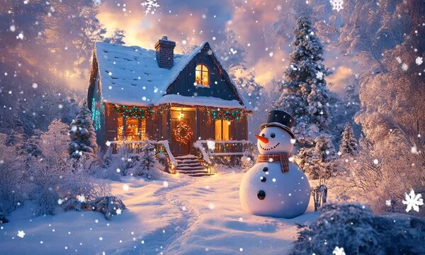 A snowman is standing in the yard of a house in which the windows are lit, in the middle of a winter forest, it is snowing, a festive atmosphere. Christmas, New Year.