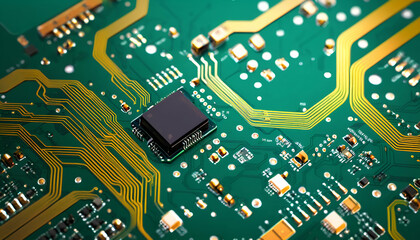 Close-up image of a semiconductor wafer with intricate circuit patterns, metallic components, and reflective surfaces, set against a high-tech, sleek background