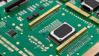 Obraz premium Close-up image of a semiconductor wafer with intricate circuit patterns, metallic components, and reflective surfaces, set against a high-tech, sleek background