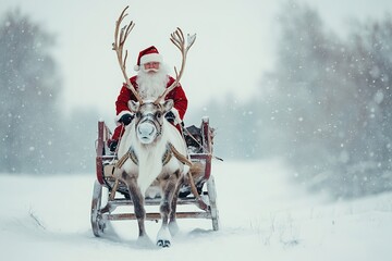Rideaux Santa Claus riding sleigh with reindeer in snowy landscape