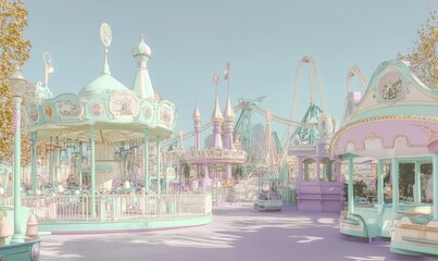 Obraz premium Pastel colored carousel and rides at an amusement park.