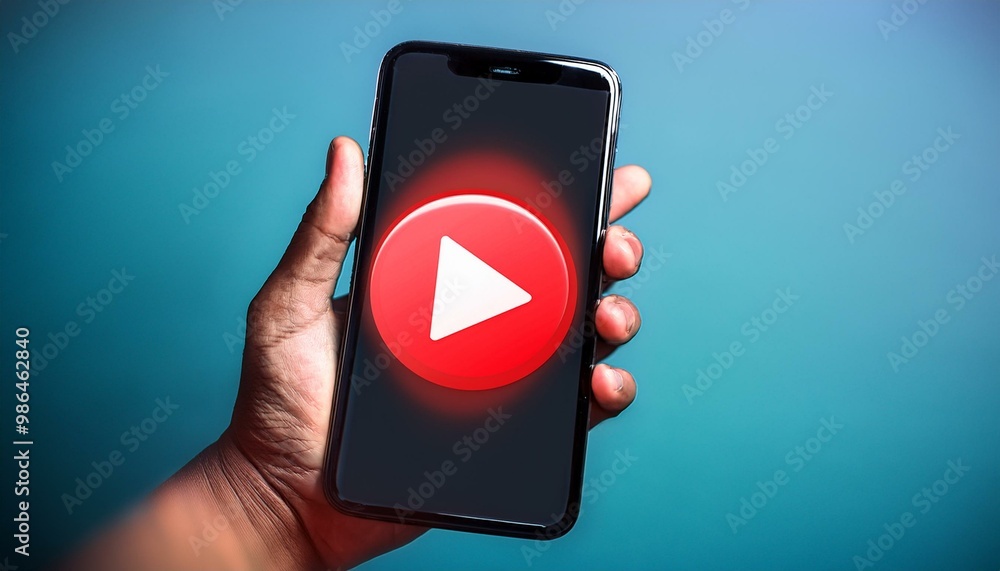 Poster a smartphone with a red play button on the screen, symbolizing the start of a video or audio stream.