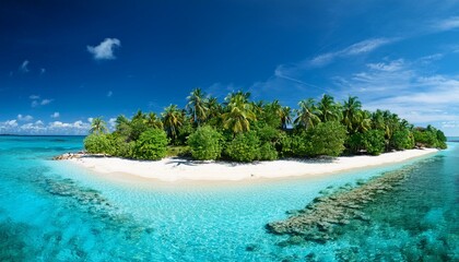 A small, tropical island with white sand beaches and clear blue water