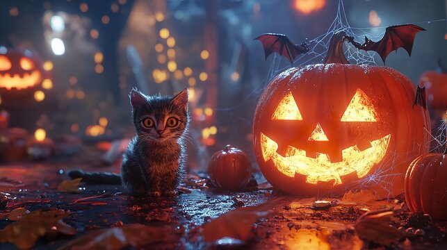 Black cat with a witch hat and glowing eyes sits next to illuminated jack-o'-lanterns in a spooky forest at night.
