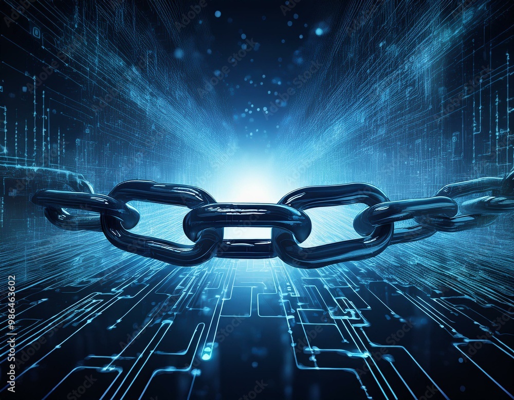 Poster a strong chain connecting digital technology, symbolizing security and connection in the digital wor