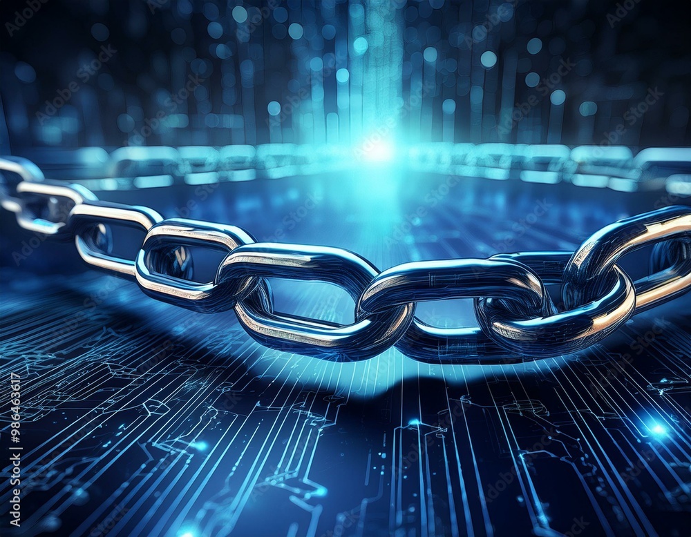 Poster a strong chain connecting digital technology, symbolizing security and connection in the digital wor