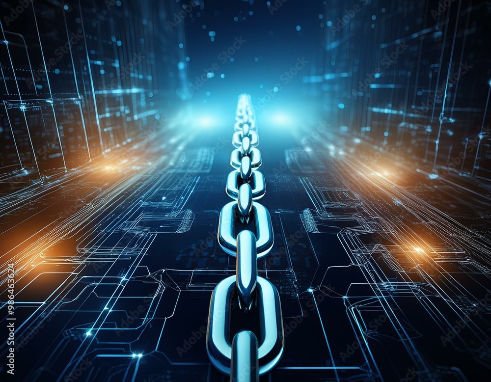 Poster a strong chain connecting digital technology, symbolizing security and connection in the digital wor