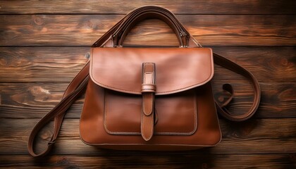 A stylish brown leather tote bag with a strap, placed against a rustic wood background.