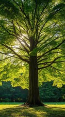 Fototapeta premium Sunlight filters through the vibrant green leaves of a magnificent Dawn Redwood tree