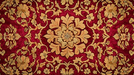 A close-up of a maroon fabric with golden thread embroidery of intricate floral designs.