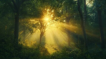 Fototapeta premium Sunbeams Piercing Through a Dense Forest Canopy