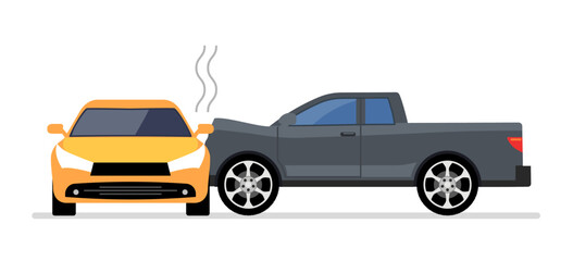 Car accident illustration. Front view collision sedan pickup truck damage background