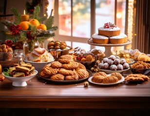 A table overflowing with an assortment of delectable pastries and sweet treats, perfect for a festive celebration.