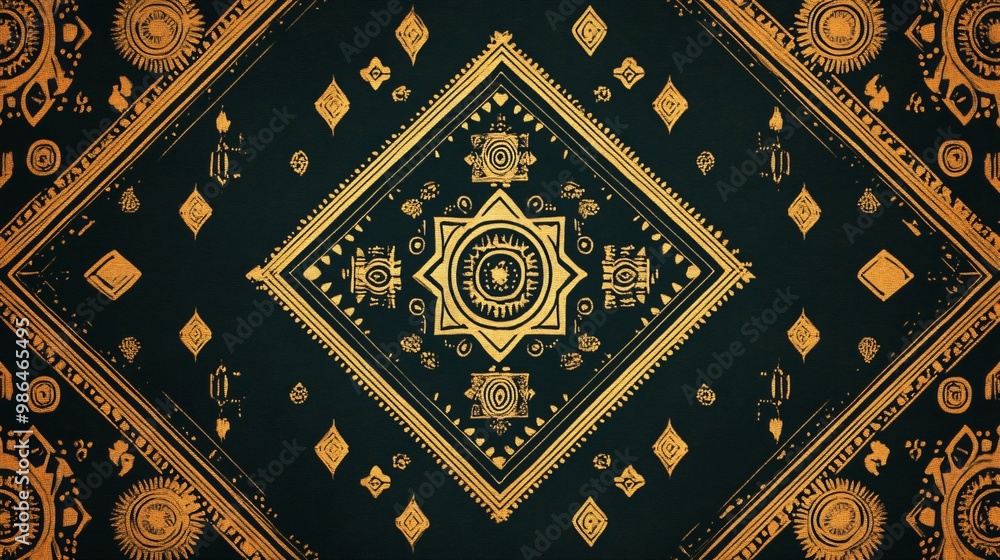 Poster a dark green background with intricate golden geometric patterns.