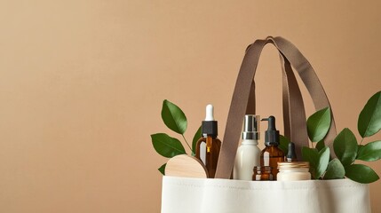 Open eco friendly cotton reusable bag with the different containers from the wood and glass.Pastel colors.Fresh natural leafs around.Concept of organiczero waste cosmetics.Woman bag with accessories.