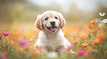 Happy Golden Retriever Puppy in a Flower Field