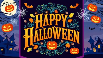 Halloween Banner Background. Happy Halloween banner or party invitation background with clouds, bats and pumpkins in paper cut style. Halloween night spooky background with pumpkins. 