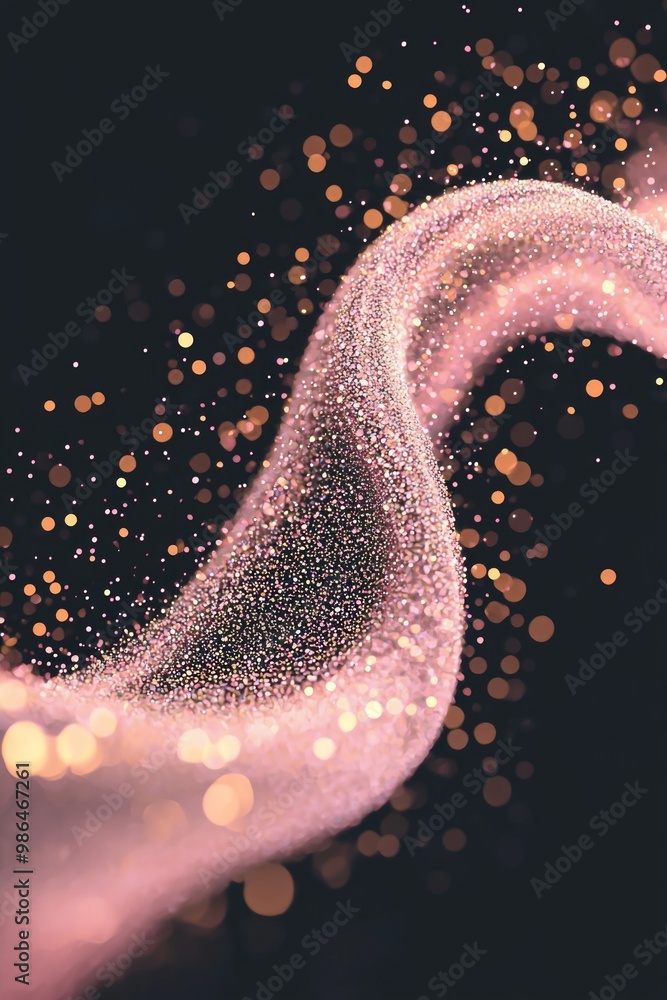 Poster cascade of pink dots undulates smoothly against a deep black canvas, their glowing edges hinting at 