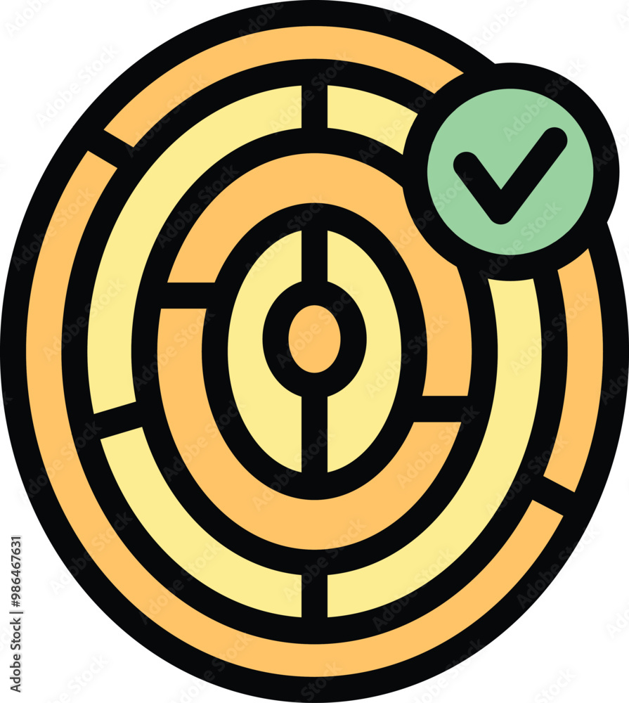 Poster stylized vector icon of a circular labyrinth puzzle with a check mark indicating a successful soluti