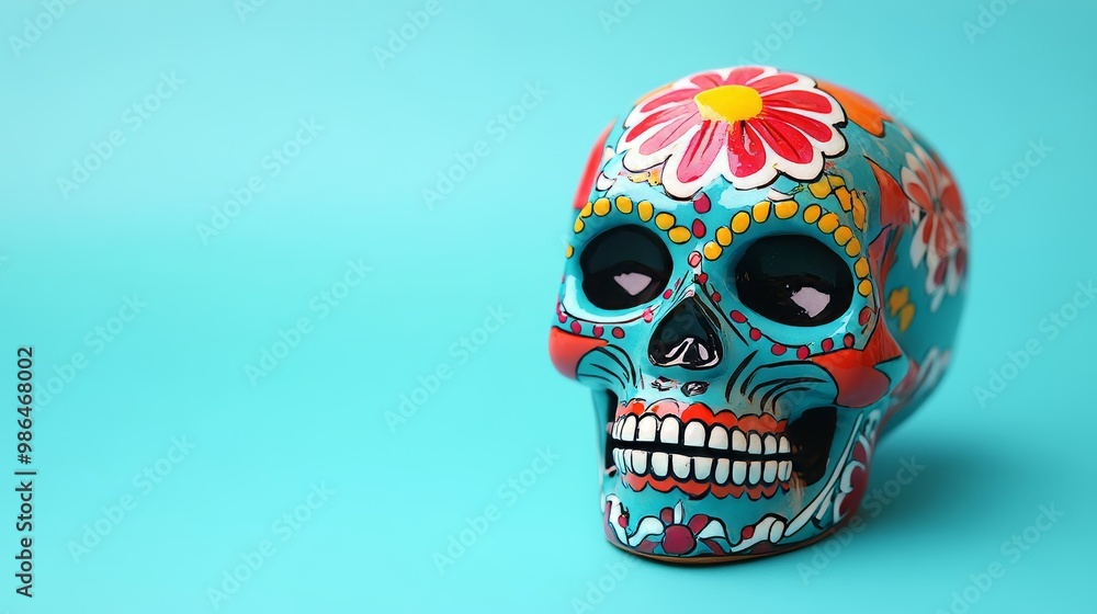 Wall mural beautiful and colorful mexican skull isolated, made of ceramic, and painted by hand. craft made in m