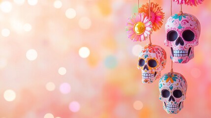 Hanging colorful Day of the Dead skulls, festive decor with bright bokeh background, Mexican celebration