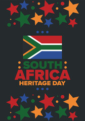 South Africa Heritage Day. Happy holiday. Celebrate culture and traditions of nation. South African flag. Poster with illustration. Pattern design. Vector