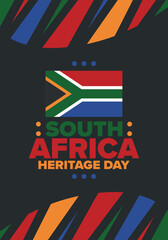 South Africa Heritage Day. Happy holiday. Celebrate culture and traditions of nation. South African flag. Poster with illustration. Pattern design. Vector